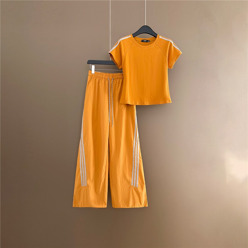 潮流时尚休闲运动套装女夏季新款显瘦气质圆领短袖上衣长裤两件套，女装套装/套裙，江南