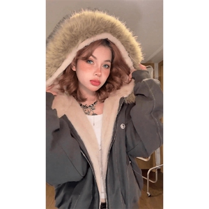 现货重磅boxy短款棉衣座山雕大毛毛领男女棉服水洗工装厚外套图片