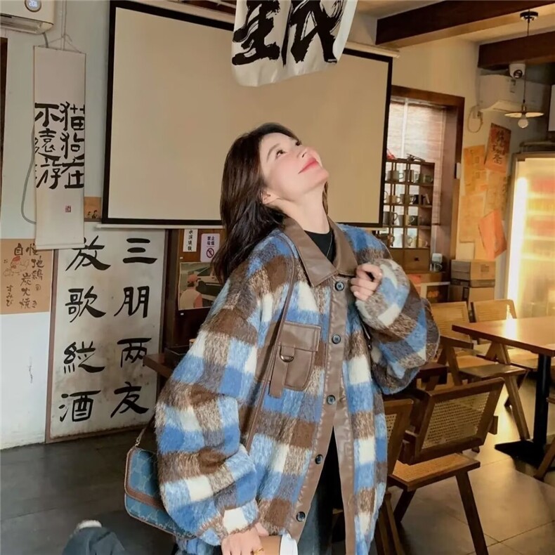 2025毛呢格子外套秋冬女高级感美式格纹潮牌痞帅炸街外套,女装短外套,星座506A