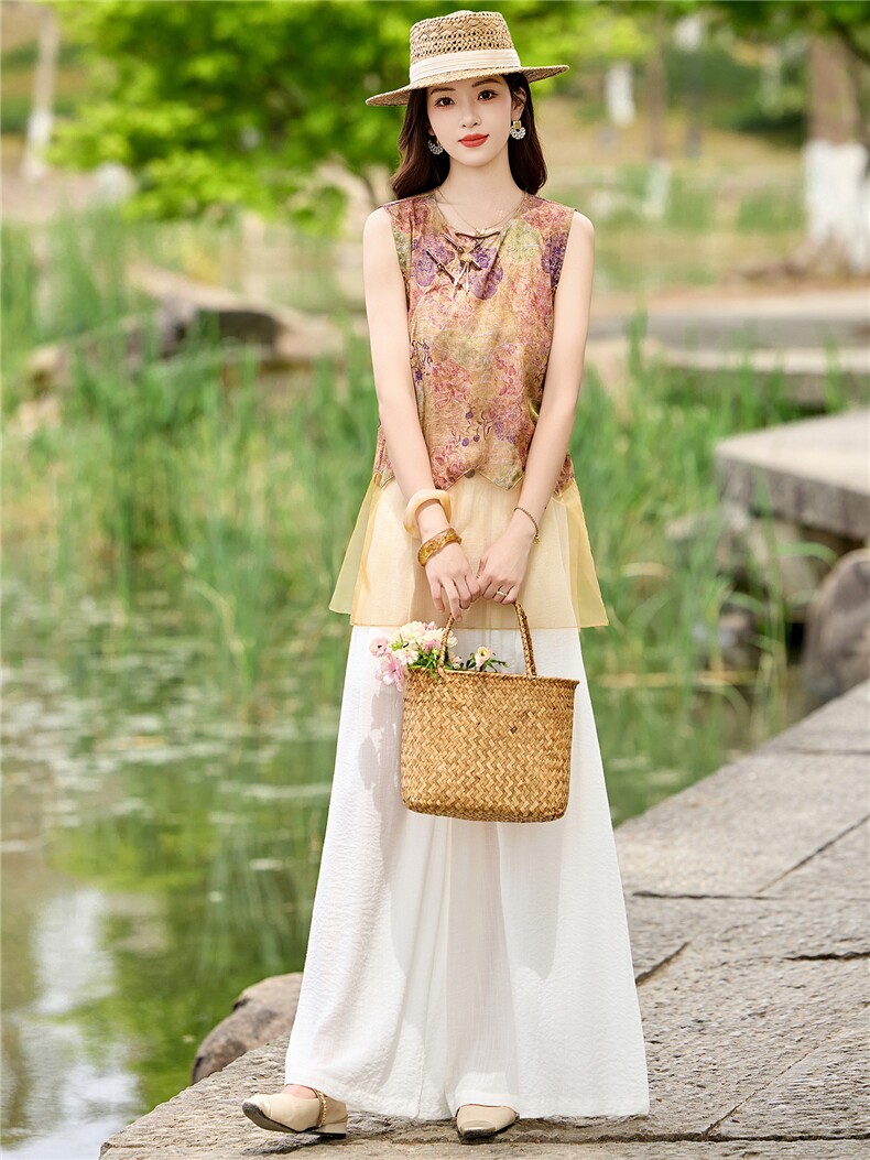 新中式夏季套装女2026新款高级感小个子时尚气质阔腿裤两件套,女装套装/套裙,米尚