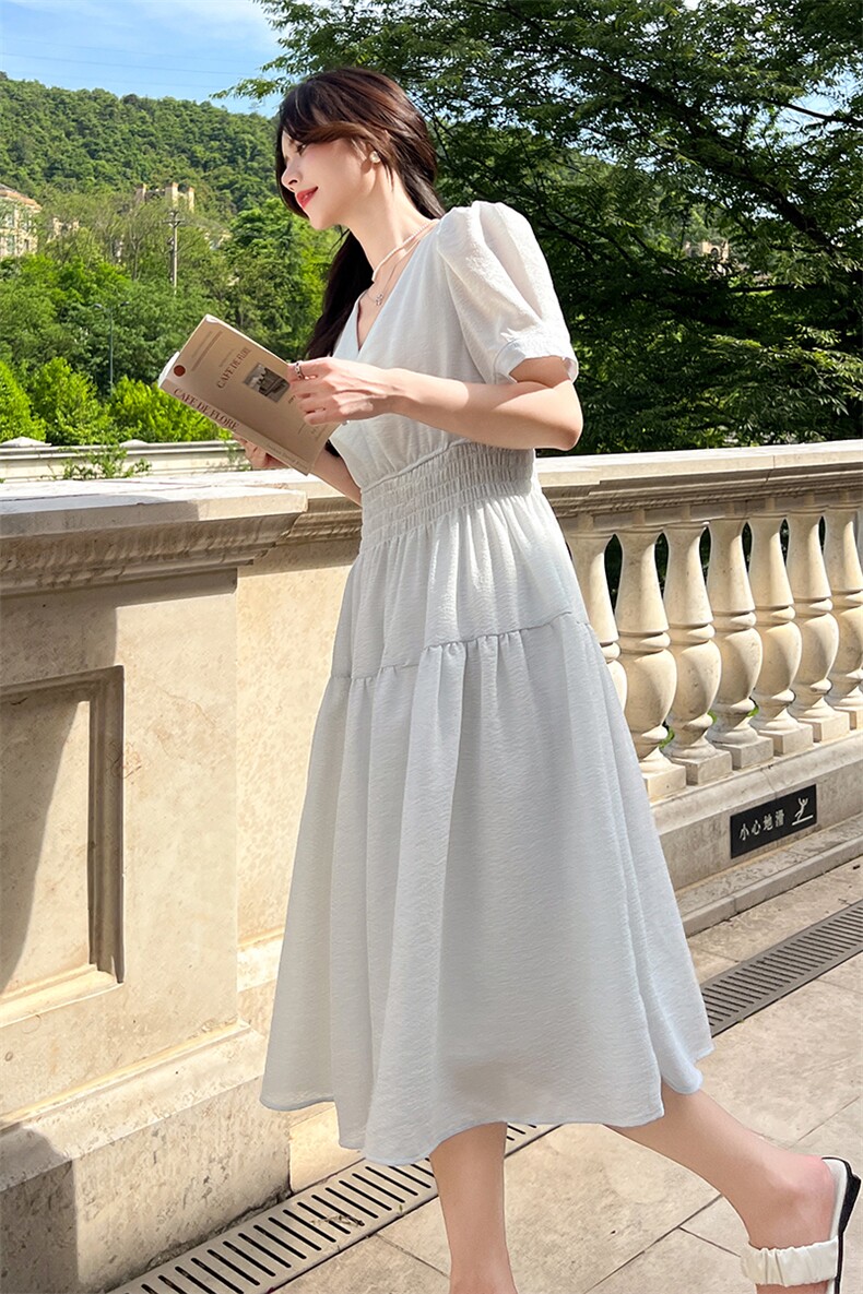 法式风现货夏季短袖新款连衣裙中长款,女装连衣裙,凯芙莉服饰