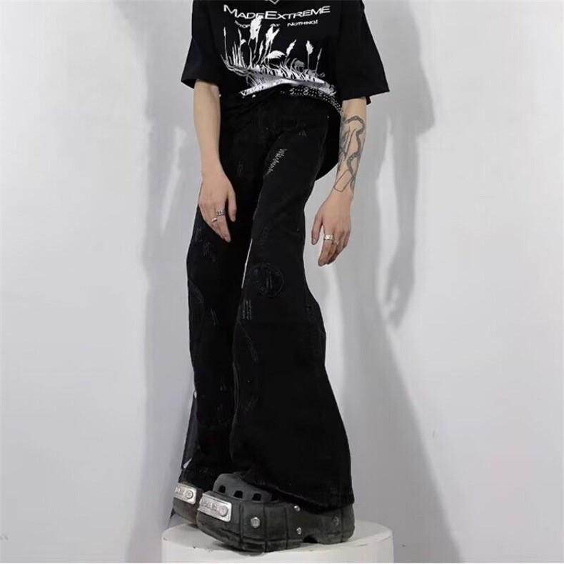 美式复古设计感刺绣拼接做旧微喇叭牛仔裤男女阔腿拖地裤子,男装牛仔裤,星座506