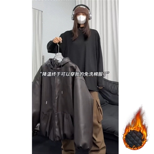 网图慎用连帽防水加厚皮衣男宽松皮棉衣棉服男女同款 M8008-P105图片