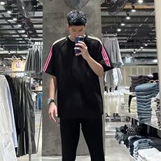 抖音得物品质二开240克宽松纯棉美式潮牌印花三条杠中性风短袖T恤，男装T恤，电商A486