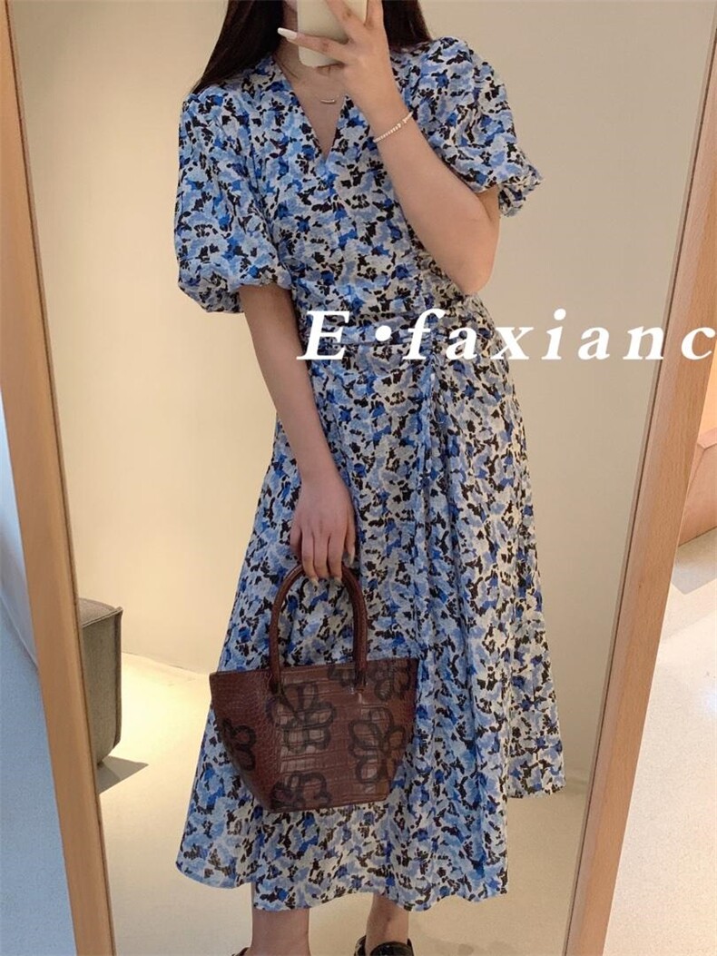 【现货】韩版碎花连衣裙修身松紧腰?调节大小，女装连衣裙，E.FAXIAN伊发现