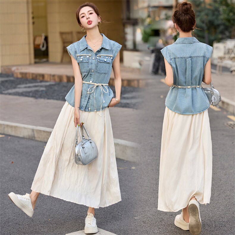 现货可推2025夏季新款时尚民族风甜美拼接牛仔套装两件套，女装套装/套裙，然然