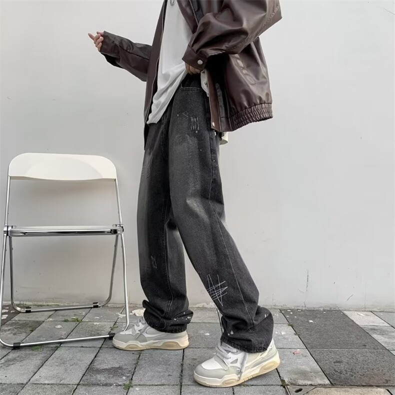 美式高街复古牛仔裤男刺绣印花阔腿宽松直筒拖地裤子RK1226-P41,男装牛仔裤,星座412-3