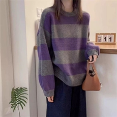 秋冬新款条纹针织套头上衣时尚百搭，女装针织衫/毛衣，泰沅羊绒
