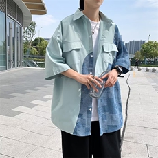 日系拼接衬衫男短袖设计感小众5分袖衬衣外套高级感ins潮牌~CS189，男装衬衫，星座601-2