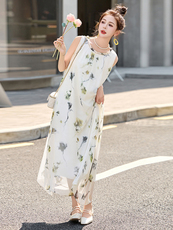 2025年夏季水墨植物花卉印染木耳边领优雅气质时尚潮流大摆裙，女装连衣裙，诺蝶