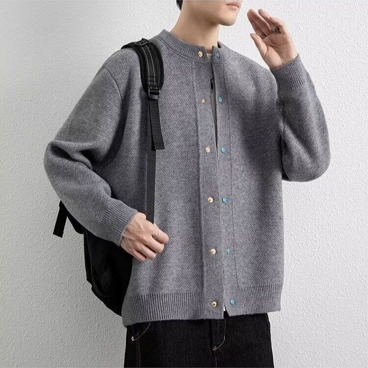 M170-P63灰色圆领简约宽松纽扣针织开衫2025秋冬季新款,男装卫衣,电商B323A