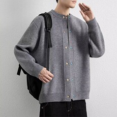 M170-P63灰色圆领简约宽松纽扣针织开衫2025秋冬季新款，男装卫衣，电商B323A