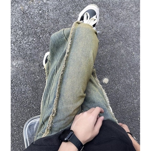 复古牛仔裤男毛边高街vibe美式潮牌冬季直筒阔腿裤子 NC1611图片