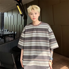 夏季新款时尚拼接条纹短袖T恤男小众设计感圆领上衣现货T1794-P38，男装T恤，星座512-4