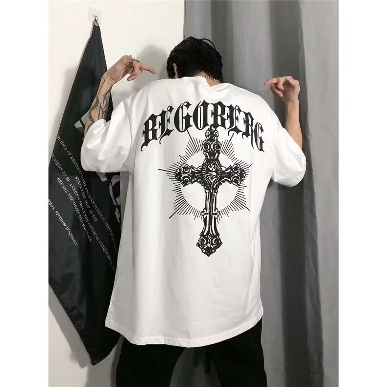 网络图现货！220G重磅T恤男美式复古十字架小领口短袖RMC669-P35,男装T恤,星座1005-6