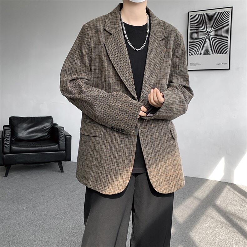 8XL-M美式复古格纹廓形西服外套男痞帅高级感休闲西装XF001P115,男装西服,电商B312