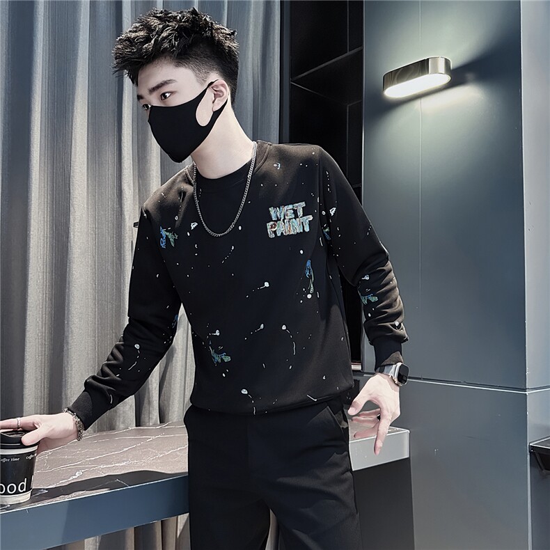 个性涂鸦印花圆领卫衣男社会小伙店主风301C-WY62P58控88图片