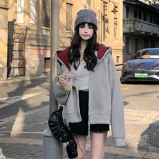 抖音得物高品质秋冬美式高街重磅结构双层双面连帽卫衣外套XS107，女装短外套，电商A486-1