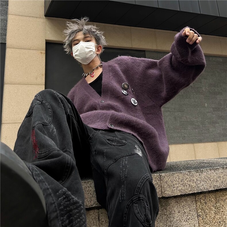 高级感紫色百搭V领针织开衫男女秋冬新款胸针宽松慵懒风毛衣外套,男装针织衫/毛衣,星座506A