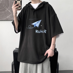 LD54270-P45NASA 连帽短袖t恤男大码胖子带帽五分袖中袖图片
