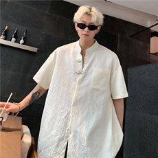 潮新中式金属飞机扣装饰提花短袖衬衫男女情侣风复古衬衣P48，男装衬衫，电商C307