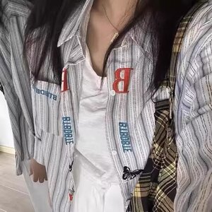 1506/QJ080/P46情侣文艺感刺绣个性美式复古春秋季宽松百搭衬衣图片