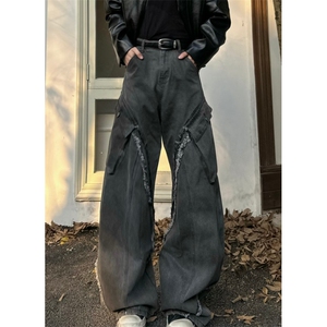 美式复古水洗做旧朋克毛边修身喇叭工装裤女NZ603-P60图片