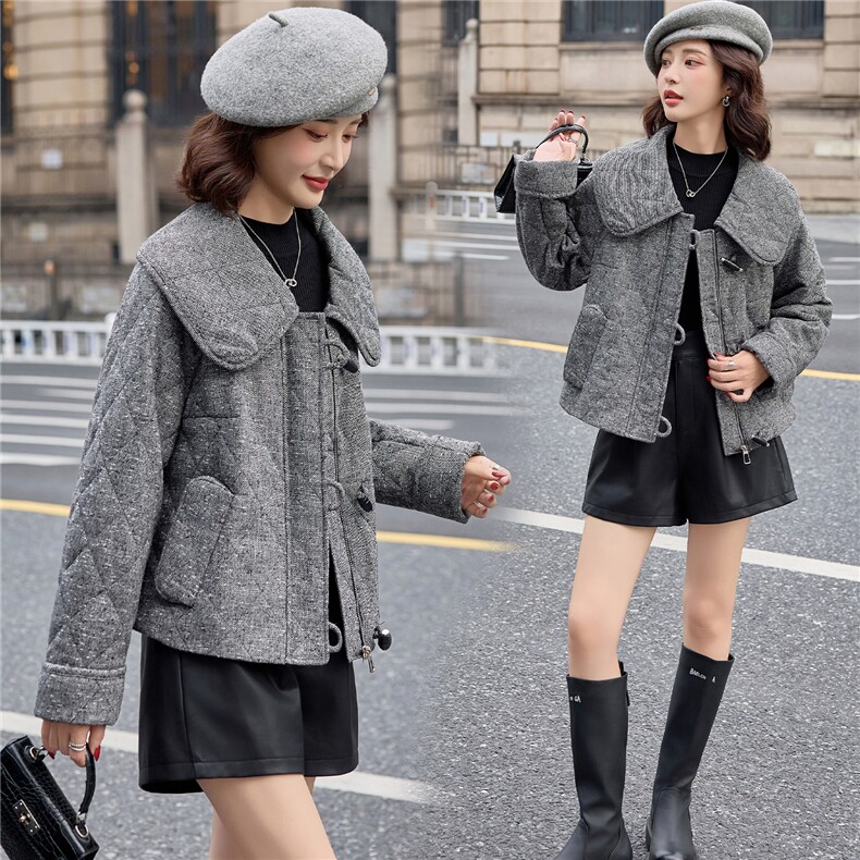2025秋冬新款时尚大翻领毛呢夹棉外套，女装棉衣/棉服，依路服饰