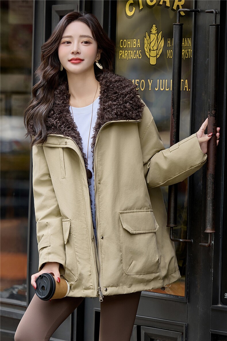 羊羔毛大翻领派克服女2025年冬季白鸭绒加厚保暖外套,女装派克服,贝蕾酷儿