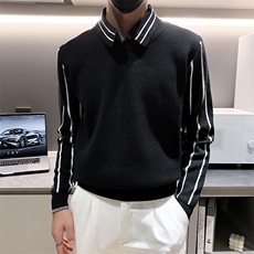 店主风小伙翻领假二件拼接针织长袖毛衣男打底衫301A-1/M60/P75，男装T恤，星座301A-1
