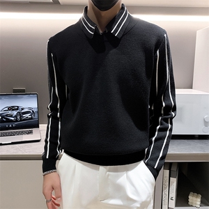 店主风小伙翻领假二件拼接针织长袖毛衣男打底衫301A-1/M60/P75图片