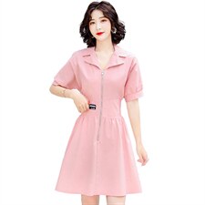 2024夏季新款简约优雅气质翻领休闲时尚高腰舒适修身连衣裙，女装连衣裙，三木叶子