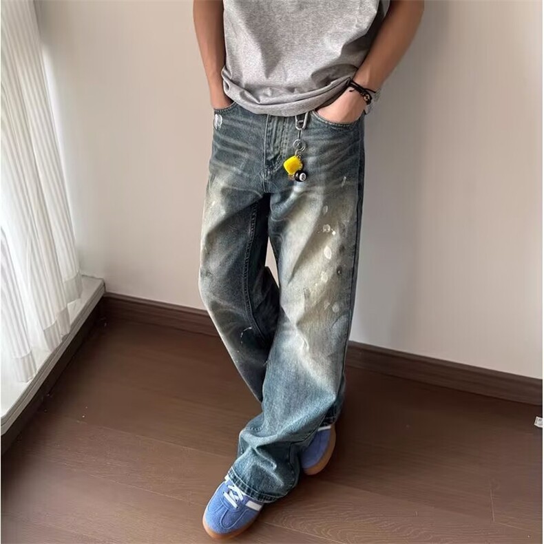 美式泼墨高街牛仔裤男复古水洗做旧休闲裤宽松长裤子L91511-P49图片