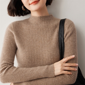 秋冬新款坑条山羊绒衫女半高领套头羊绒毛衣修身内搭针织打底衫图片