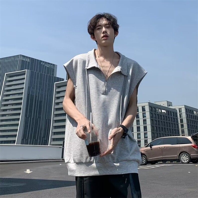 宽肩背心男夏季薄款马甲宽松半拉链立领无袖t恤运动坎肩BX11P35,男装背心/马甲,星座410-2