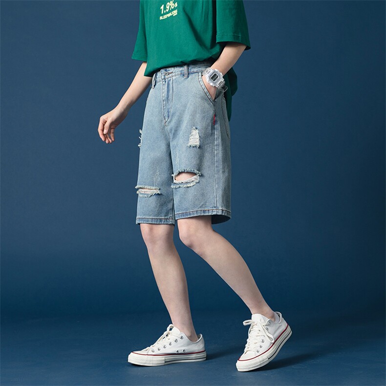 中性风  春夏新款蓝色牛仔短裤破洞休闲裤E30 P45控58图片
