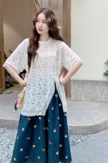 时尚气质不规则蕾丝衫套装女减龄少女感2025夏新款阔腿裤两件套潮，女装套装/套裙，2C317