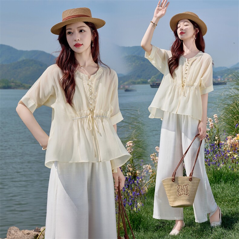 高级感贵气天丝套装女2026夏季新款妈妈亚麻阔腿裤御姐两件套，女装套装/套裙，水衣源