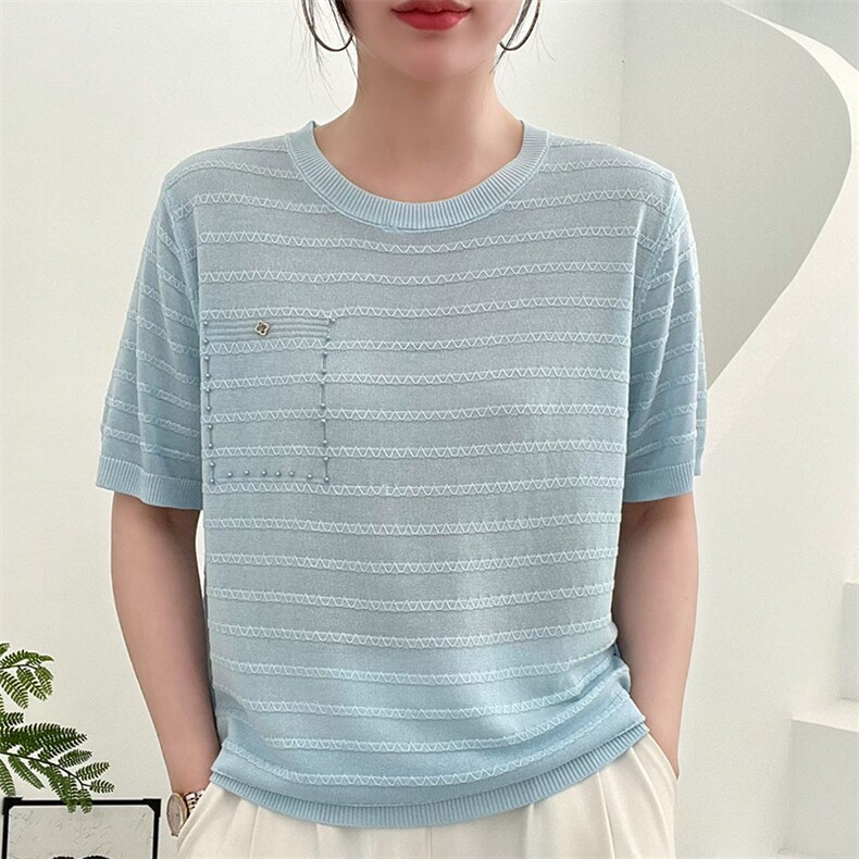 2025春夏新莱赛尔天丝圆领假兜气质短袖女士纯色简约通勤透气T恤图片