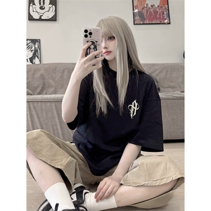 抖音得物供货210克宽松纯棉美式潮牌印花宽松落肩袖纯棉T恤AT2106图片