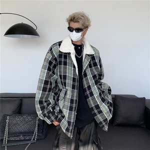 美式复古外套男秋冬羊羔毛棉服加厚小香风宽松格子棉衣M8029/P99图片