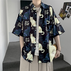百搭宽松半袖帅气休闲短袖潮牌猫印花ins衬衫男港风衬衣W651-P28，男装衬衫，星座512-2
