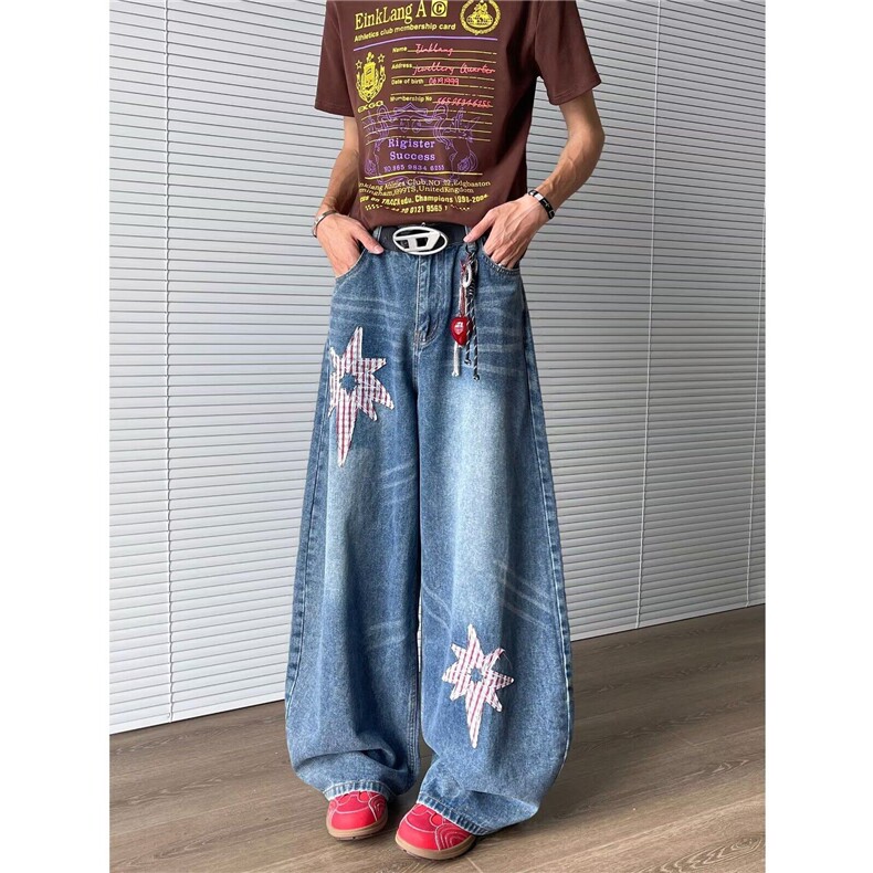 GJ0390-P55美式复古弯刀牛仔裤男2025夏季新款宽松百搭直筒阔腿裤图片