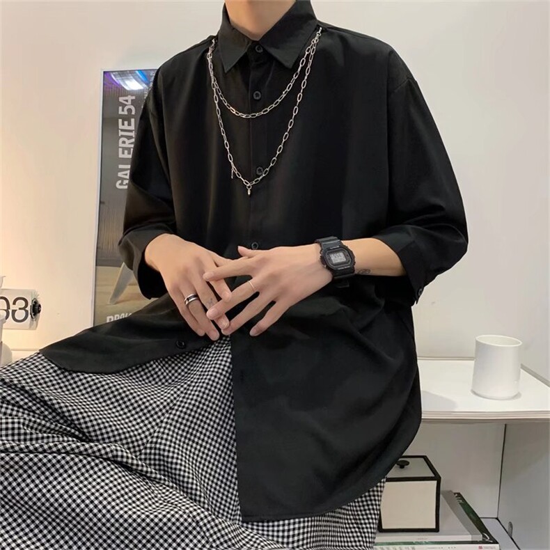 方领时尚潮百搭青春流行衬衫男七分袖送项链C606P32图片