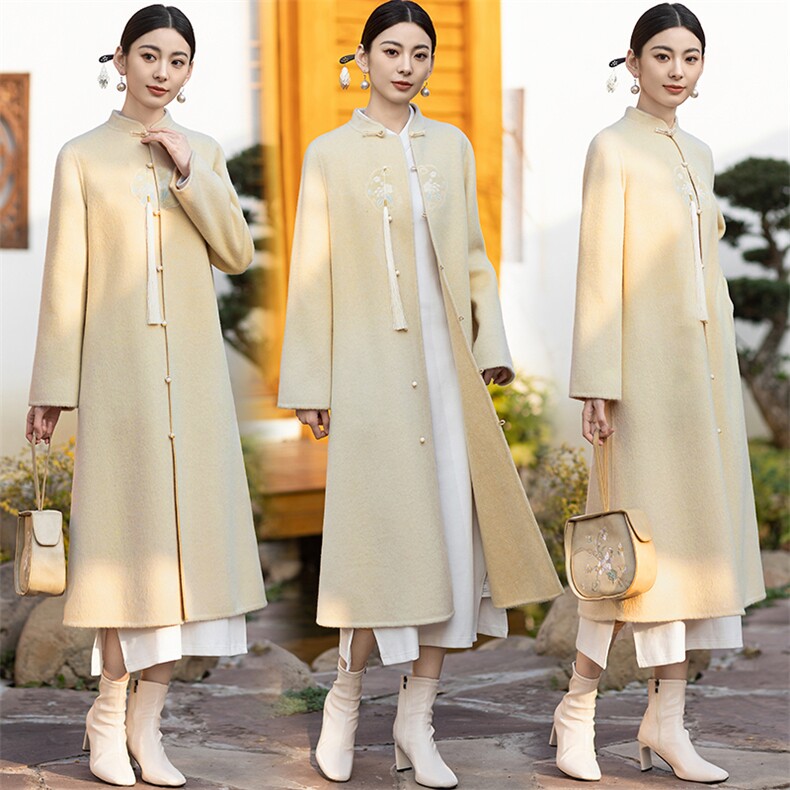 新中式国风双面羊毛大衣女2024春秋新款高端刺绣禅意汉服毛呢外套,女装毛呢外套,芷墨服饰
