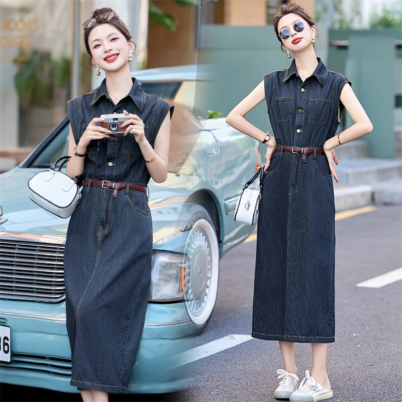 休闲牛仔连衣裙女2024夏季新款时尚无袖薄款轻奢高级感收腰裙子潮,女装连衣裙,沁沁公主