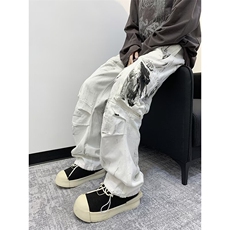 高街白色牛仔裤男泼墨扎染设计直筒拖地裤多口袋工装裤子9030-P63，男装牛仔裤，星座1001-1