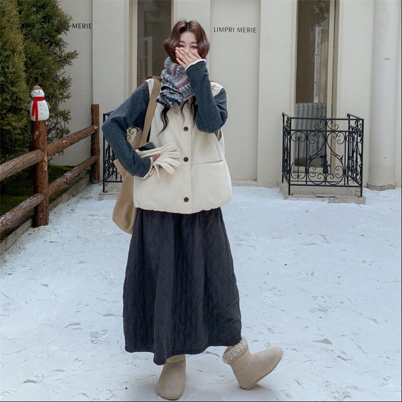 韩版慵懒加棉时尚套装女2025年冬季新款气质马甲内搭半身裙三件套,女装套装/套裙,2C305