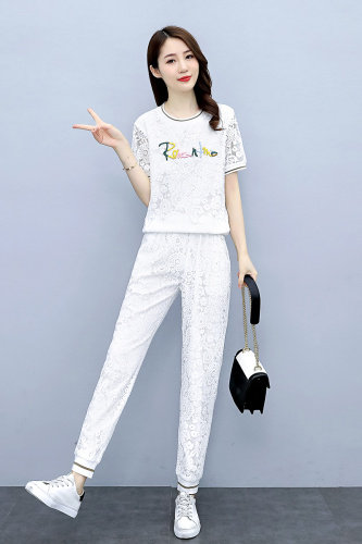 欧货洋气休闲时尚套装女2023年夏装新款蕾丝束脚裤两件套减龄显瘦,女装套装/套裙,梦依杭
