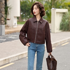 气质翻领短款外套上衣百搭气质开衫复古夹克上衣女，女装皮衣，江南女神